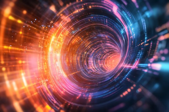 Digital data stream tunnel with light streaks and glowing particles for technology concepts