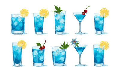 A Modern vector illustration featuring a collection of eight vibrant blue cocktails, blue lagoon cocktails set with ice cubes garnish, easily editable.