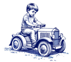Fototapeta premium Vintage sketch done in blue ink on white background young boy driving a toy car