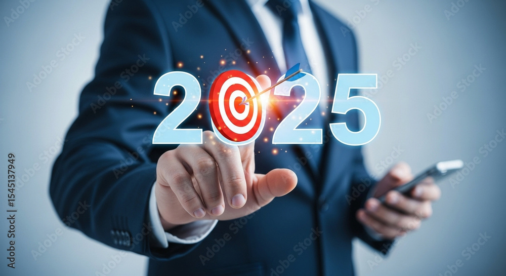Poster A man in a suit pointing at a target with an arrow and the year twenty twenty five in light blue