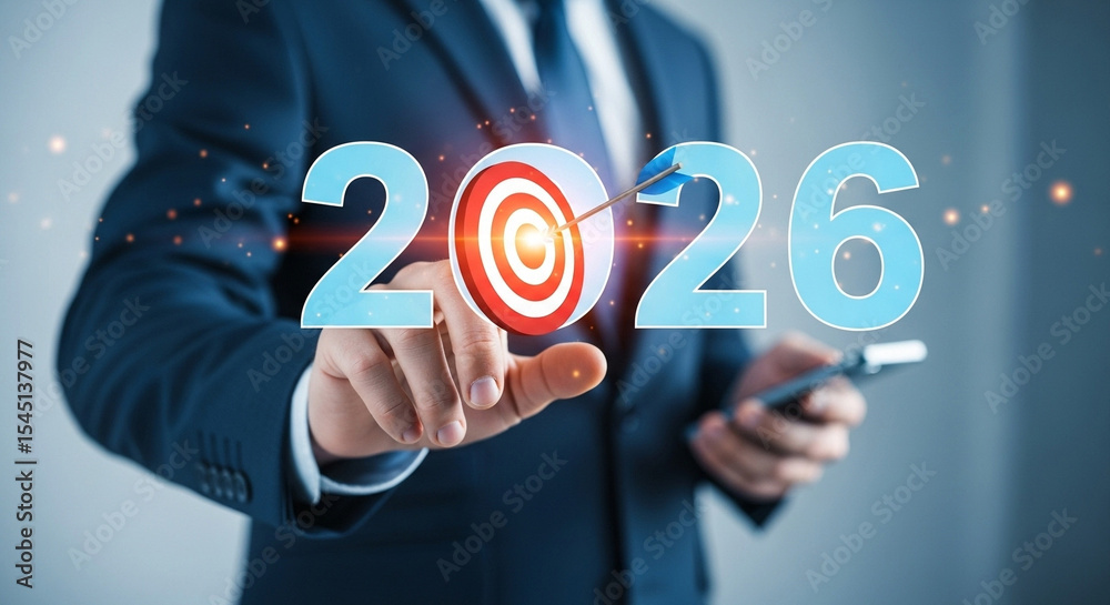 Poster A businessman pointing at the year with a target and arrow representing the year twenty twenty six