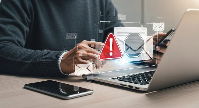 Person using laptop and phone with warning sign and email icons overlayed on the screen image
