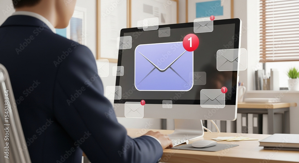 Poster Man in suit at desk looking at computer screen with email notifications and one unread message icon