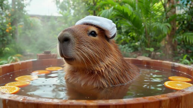 A brown capybara is in a bathtub with oranges floating in the water