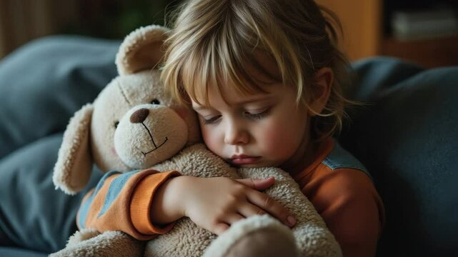 Child hugging plush teddy bear couch home, expressing comfort and loneliness, soft toy companion brings emotional support, cozy indoor setting with gentle atmosphere, childhood innocence