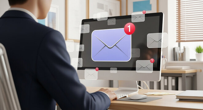 Man in suit at desk looking at computer screen with email notifications and one unread message icon