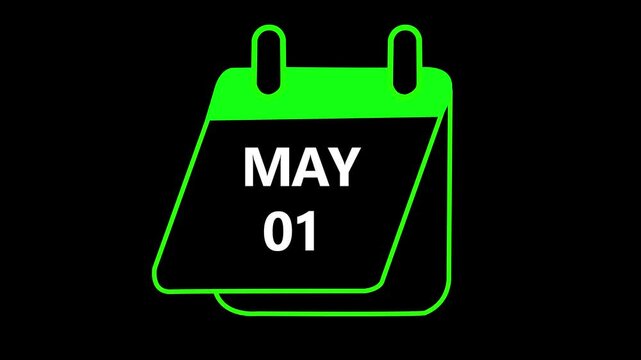 01 May calendar icon animation. May 01 Calendar Sign on black screen background, chroma key. Calendar Pendulum Animation - Maya 01. 4k graphic motion.