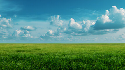 Vibrant Green Field under a Blue Sky with Fluffy White Clouds