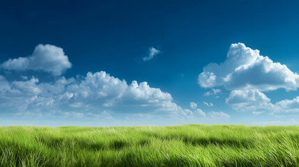 Obraz premium Vibrant Green Grass Field Blue Sky Fluffy White Clouds