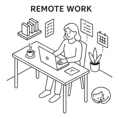 Fototapeta premium Remote Work Woman Illustration – Black and White Outline Vector in Home Office Scene