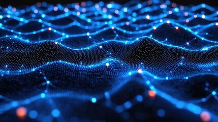 Abstract Blue Digital Network Background with Glowing Particles