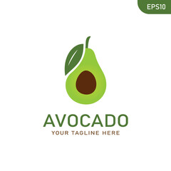 Avocado fruit logo template. Avocado half with leaf vector design. Health food logotype