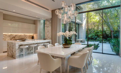 Modern Luxury Kitchen and Dining Area with Marble Countertops, Elegant Chandelier, and Glass Wall Overlooking Lush Garden