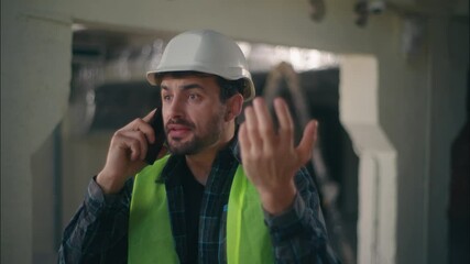 Irritated angry Caucasian man builder foreman arguing speaking mobile phone in construction contractor male technician shouting smartphone engineer architect guy disagreement problem conflict building - Powered by Adobe