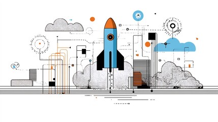 Startup launch scene minimal symbols for innovation funding product development and milestone tracking in clean tech palette