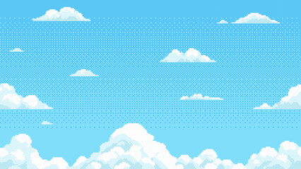 Pixel art sky background with cartoon cloud. Retro game design asset, 8 bit style for video game.