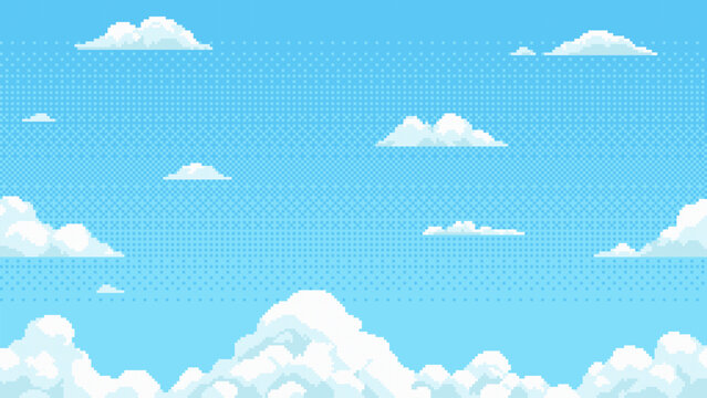 Pixel art sky background with cartoon cloud. Retro game design asset, 8 bit style for video game.