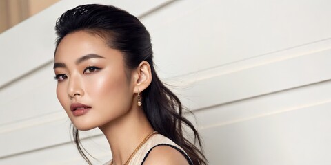 A close-up portrait of an elegant woman with smooth skin, styled hair, and subtle makeup, wearing a sleeveless top and delicate earrings against a neutral background.