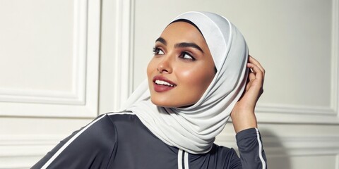 A confident woman wearing a white hijab and dark clothing smiles softly while looking upward, set against an elegant white paneled background.