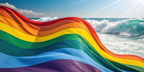 A vibrant rainbow flag waves dynamically by the ocean shore with waves crashing under a bright, sunny sky.