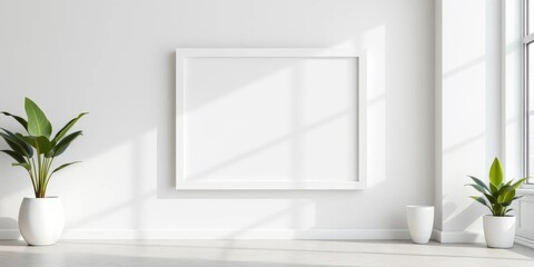 Empty white frame on minimalist wall, bright interior mockup,  studio,  graphic