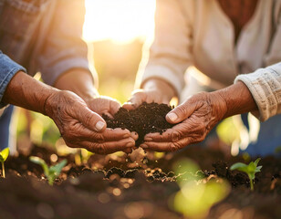 Three-generation-Hispanic-family-gardening-together,-dirt-under-fingernails,-weathered hands