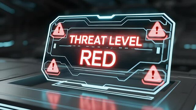 Threat Level Red Alert: A striking close-up of a digital interface vividly displaying a 'Threat Level Red' alert. The design speaks of a critical state of high alert.