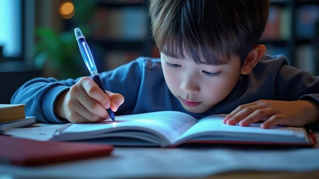Young boy child kid student studying and writing open book with illuminated pen, reading and surrounded by books cozy home, warm indoor lighting, calm studious atmosphere, learning and concentration