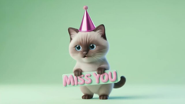 Cute Kitten Wearing a Pink Party Hat Holding a 'Miss You' Sign on Gentle Green Background can symbolize Missing You