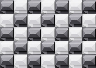 Abstract 3d black-gray-white cubes background. 3d rendering, collage. Seamless pattern of geometric shapes in checkerboard colors.