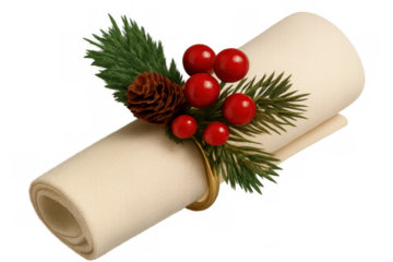 Festive holiday napkin ring featuring pine cone, red berries, natural pine branches, enhancing rustic christmas table decor against transparent backdrop