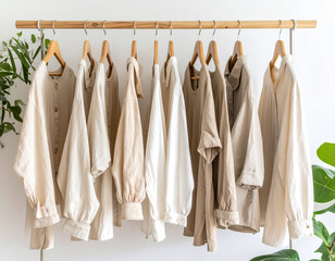 Minimalist-capsule-wardrobe-displayed-on-wooden-hangers,-neutral-earth-tones,-linen