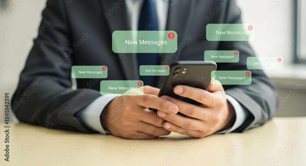 Poster Man in suit holding smartphone with new message notifications displayed on the screen around it