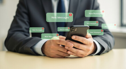 Man in suit holding smartphone with new message notifications displayed on the screen around it
