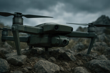 Advanced Drone on Rocky Terrain Under Stormy Skies