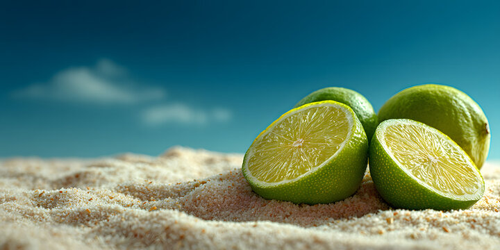 Limes on Beach: Fresh green limes rest on a sandy beach with a calming blue sky in the background.