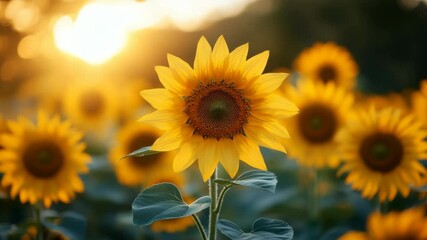 Sunflower Field in Golden Sunset with Bright Yellow Blooms and Warm Backlight - Powered by Adobe