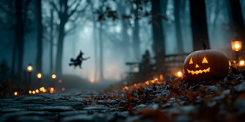 Enchanting Halloween: A Halloween scene with a jack-o'-lantern as a spooky element, casting a warm, inviting glow in a foggy, moonlit forest as a witch fly over the trees.