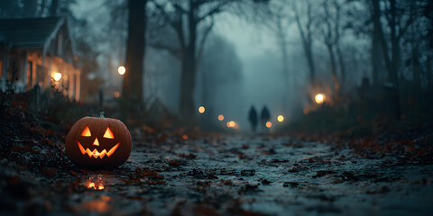Enchanted Path: A glowing jack-o'-lantern sets a spooky ambiance along a misty, illuminated pathway. Two figures walk towards a mysterious destination.