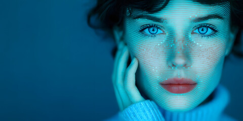 Digital Age: Beauty and Technology Merge, with a woman's face overlaid with digital technology data, indicating a fusion of beauty and technology.