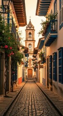 Fototapeta premium Charming colonial street with bell tower and vibrant flowers at sunset