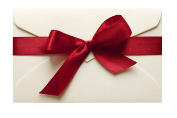 White envelope tied with a red ribbon bow. Perfect for gift cards, invitations, or special announcements.