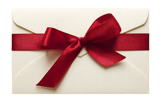 White envelope tied with a red ribbon bow. Perfect for gift cards, invitations, or special announcements. - Powered by Adobe