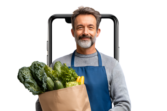 Happy man holding grocery bag with fresh vegetables