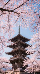 Cherry blossoms in full bloom surrounding traditional japanese pagoda