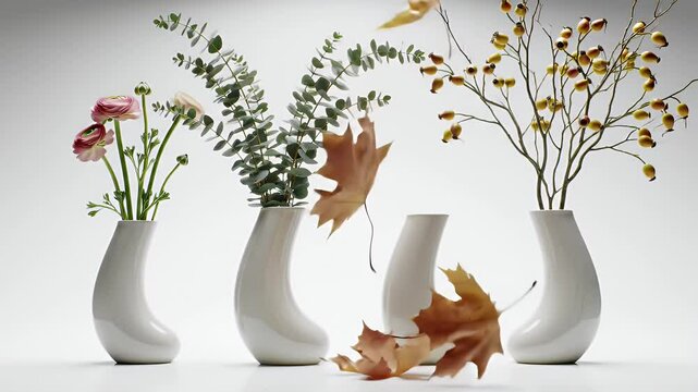 Botanical Still Life with Flowers and Maple Leaves in Minimalist Vases on White Seamless Backdrop Featuring the Beauty of Floral Arrangements
