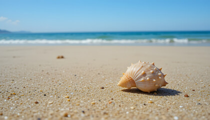 Title: Seashell on Sandy Beach with Ocean Waves in Background, Concept of Coastal Calm, Natural Beauty, and Beachside Minimalism