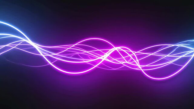 Glowing neon waves in blue and purple merge on a dark background, creating an abstract futuristic light show perfect for digital art