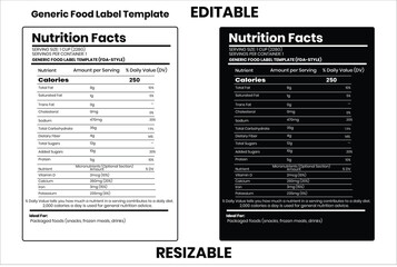 Generic Food Label Template, nutrition facts, food label, calorie chart, protein infographic, healthy eating, vitamin chart, editable template, diet plan, meal prep nutrition, food packaging label