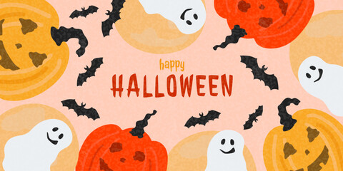 Happy Halloween festive background with ghosts, pumpkins, and bats. Cartoon illustration for autumn holiday celebration.
